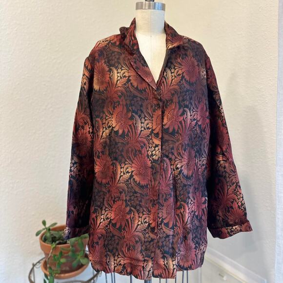Chico’s Women’s XL Floral Jacquard Blouse Bronze Black Satin Button Down Jacket - Picture 2 of 3